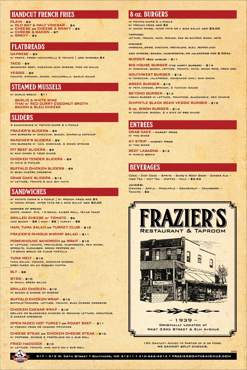 Frazier’s on the Avenue tabloid size menu back Frazier's on the Avenue tabloid size menu back