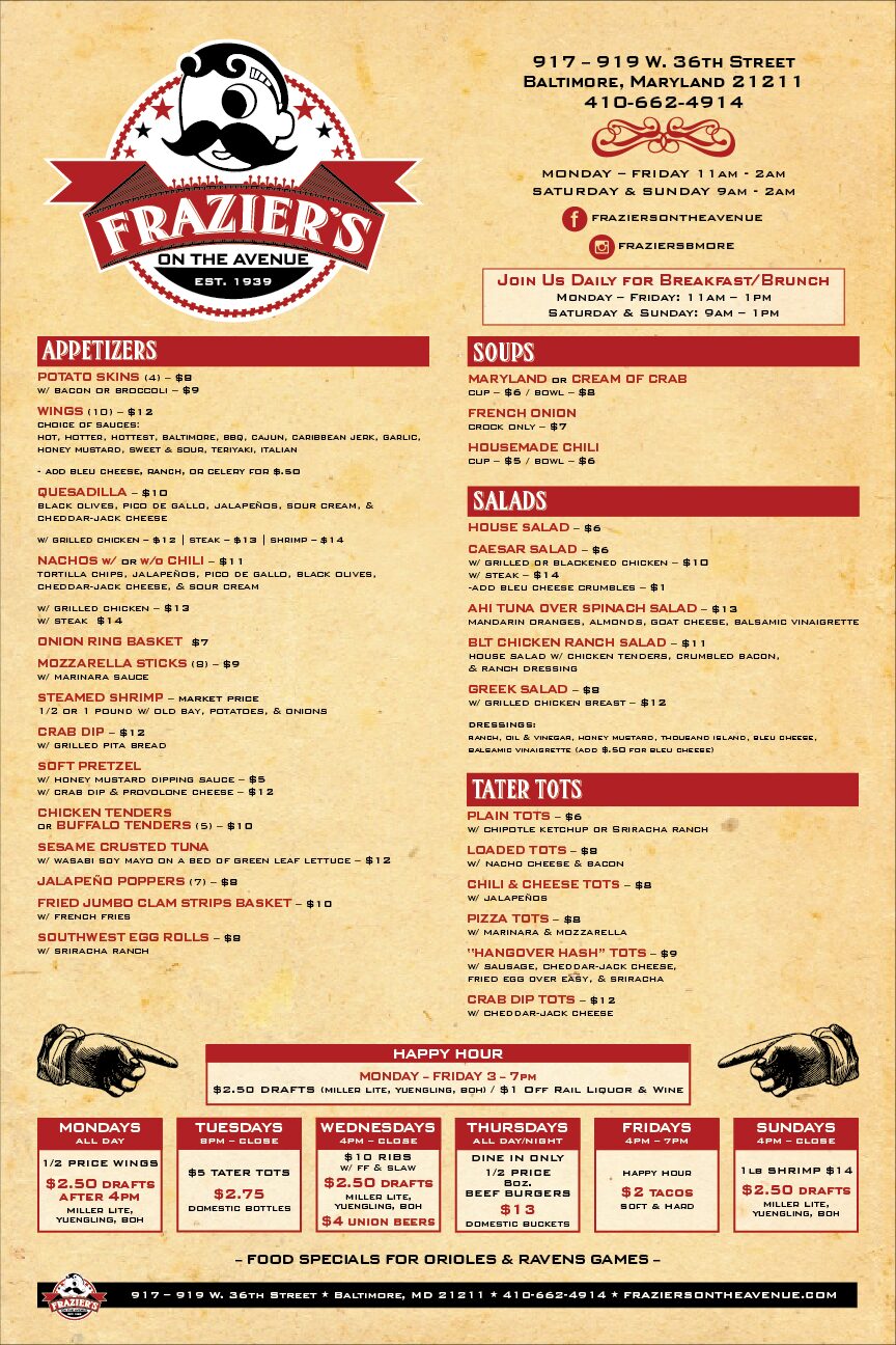 Frazier’s on the Avenue tabloid size menu front Frazier's on the Avenue tabloid size menu front