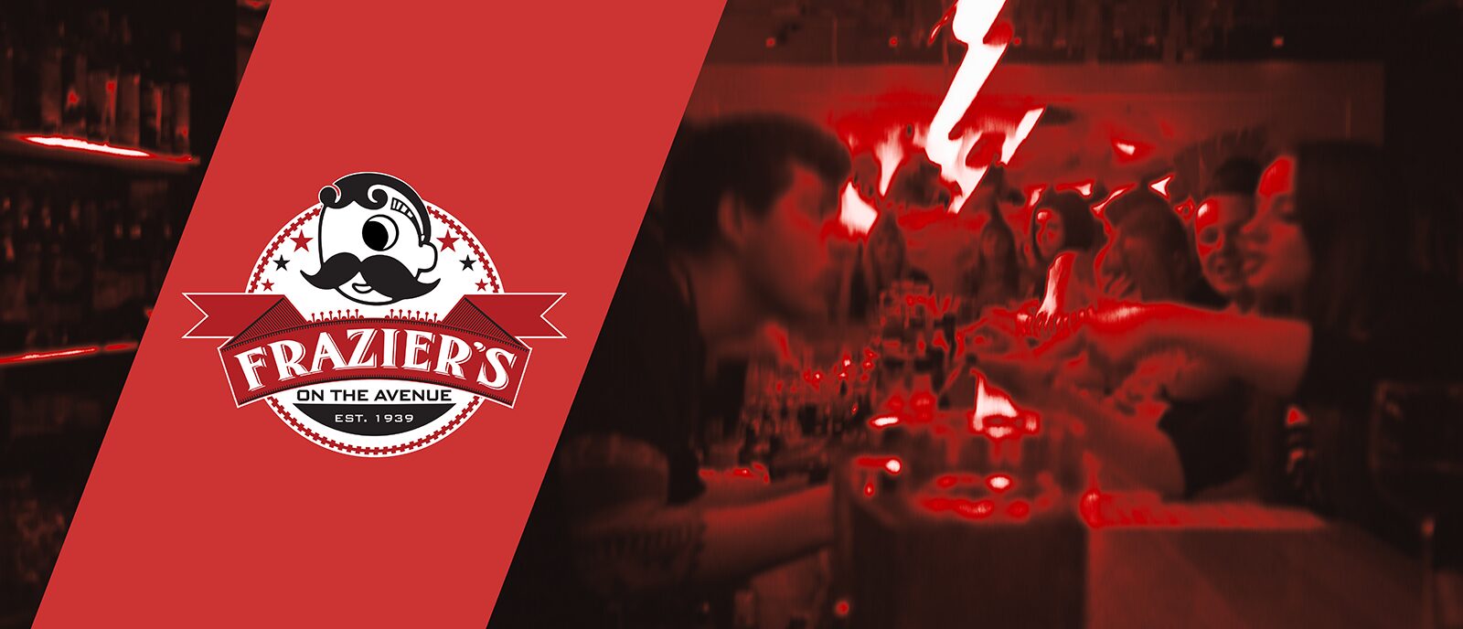 Frazier’s on the Avenue logo along with an image of a bartender serving a busy bar Frazier's on the Avenue logo along with an image of a bartender serving a busy bar