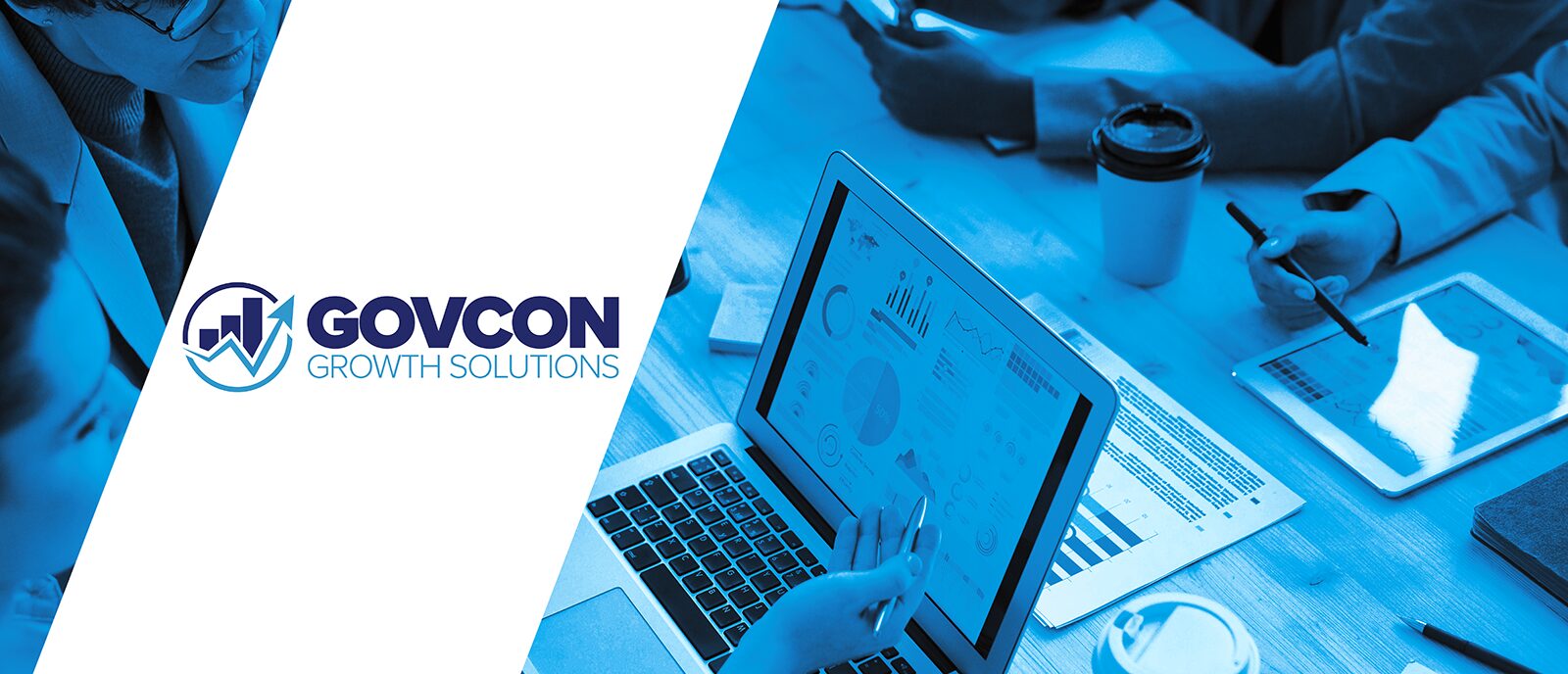 GovCon Grown Solutions logo with people looking at graphs on computers GovCon Grown Solutions logo with people looking at graphs on computers